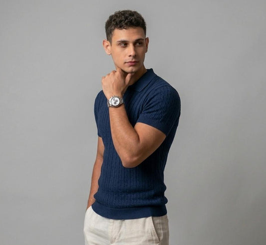 Cable knit Polo T shirt Navy blue
