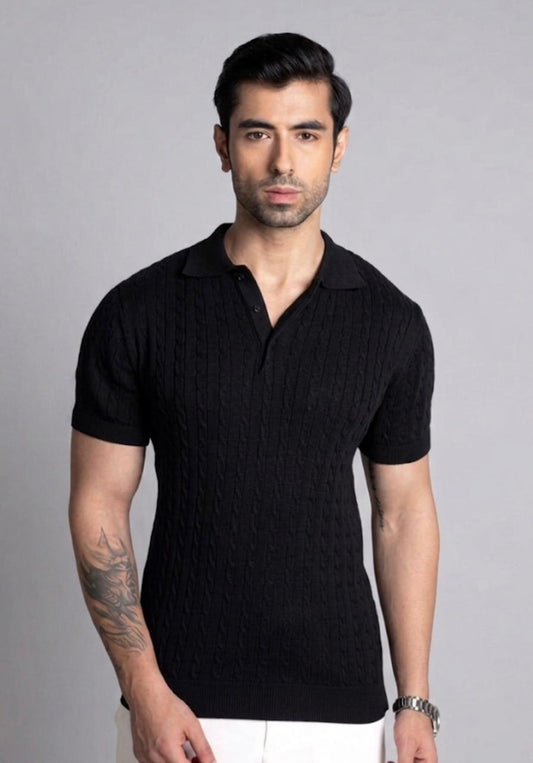 Black Cable Knit Polo T shirt