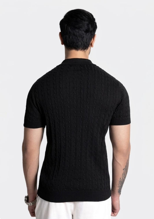 Black Cable Knit Polo T shirt